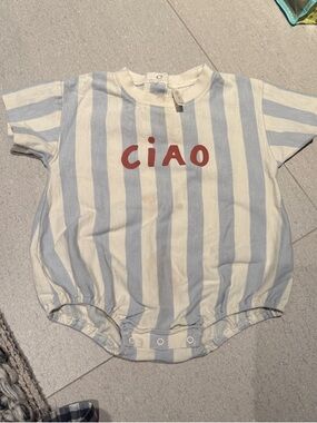 Rylee + Cru Blue & White Striped 'CIAO' Short Sleeve Romper